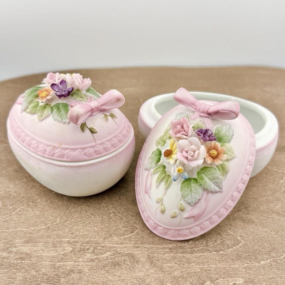 Vintage Lefton Painted Porcelain Eggs Trinket Boxes 3D Granny Cottage Core Set